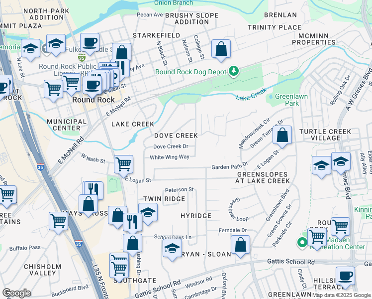 map of restaurants, bars, coffee shops, grocery stores, and more near 600 White Wing Way in Round Rock