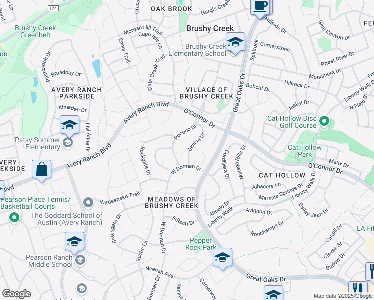 map of restaurants, bars, coffee shops, grocery stores, and more near 16510 Denise Drive in Austin