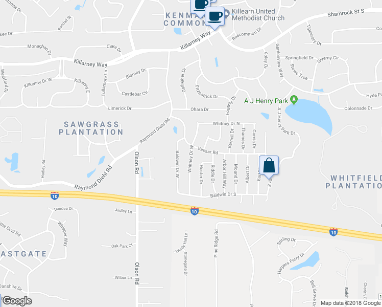 map of restaurants, bars, coffee shops, grocery stores, and more near 3253 Whitney Drive West in Tallahassee