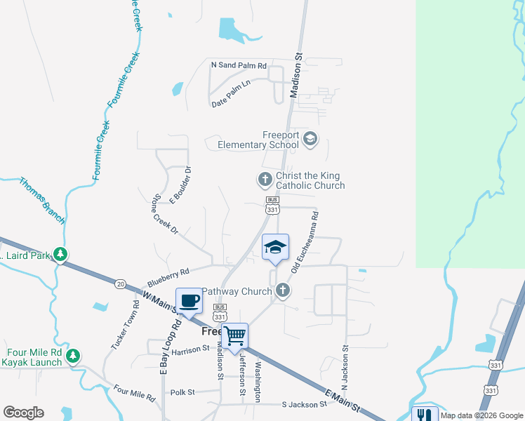 map of restaurants, bars, coffee shops, grocery stores, and more near 200 Kylea Laird Drive in Freeport