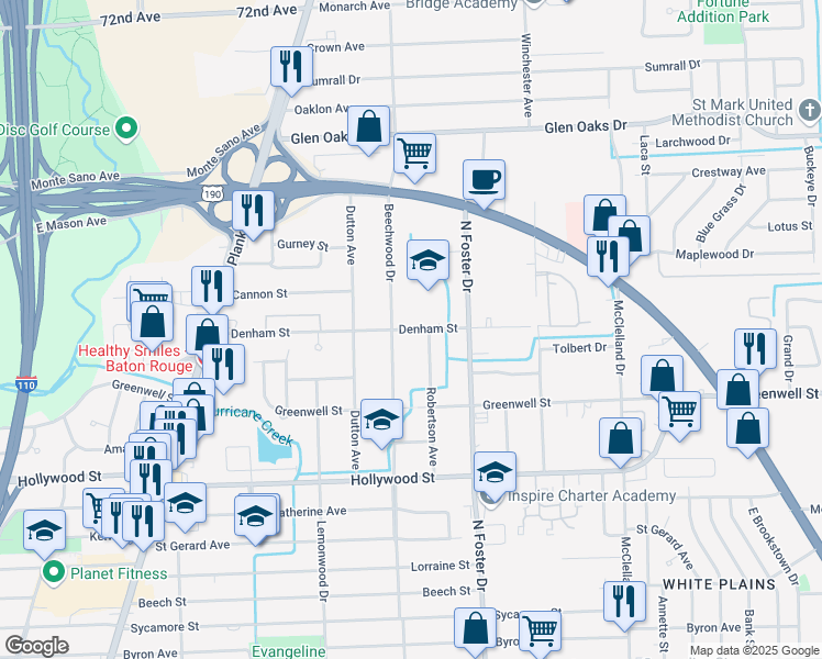 map of restaurants, bars, coffee shops, grocery stores, and more near 4700 Denham Street in Baton Rouge