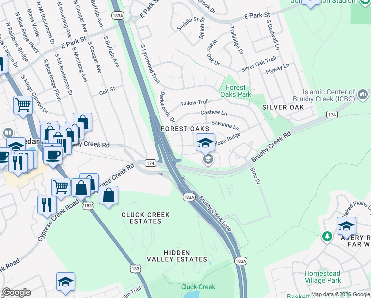 map of restaurants, bars, coffee shops, grocery stores, and more near 700 Darkwoods Drive in Cedar Park