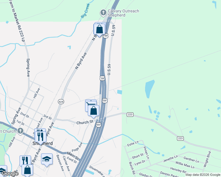 map of restaurants, bars, coffee shops, grocery stores, and more near 80 Industrial Boulevard in Shepherd
