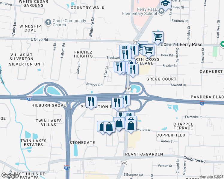 map of restaurants, bars, coffee shops, grocery stores, and more near 1857 Atwood Drive in Pensacola