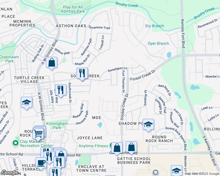 map of restaurants, bars, coffee shops, grocery stores, and more near 2313 Chestnut Path in Round Rock