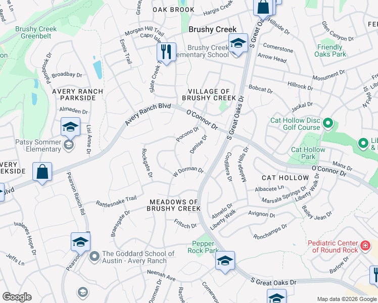 map of restaurants, bars, coffee shops, grocery stores, and more near 16510 Denise Drive in Austin