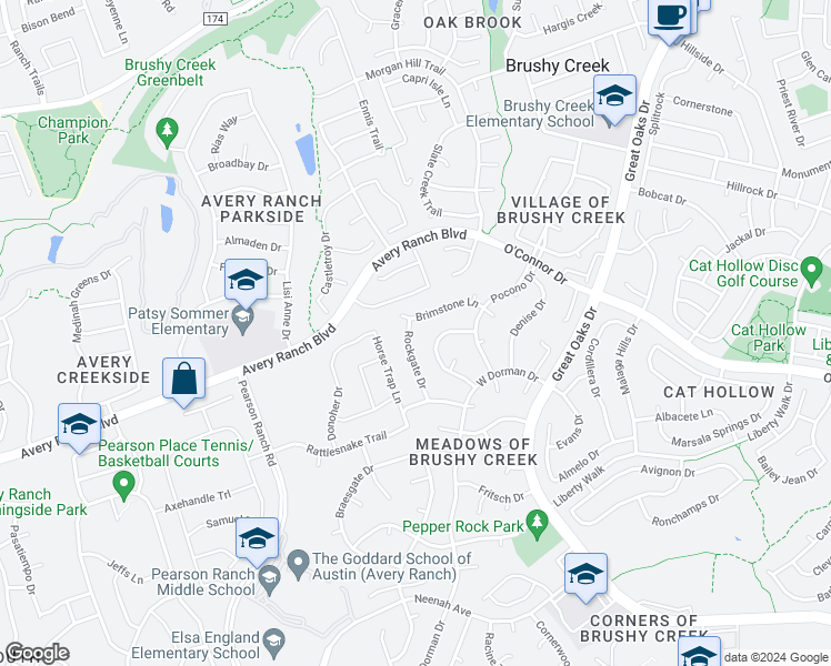 map of restaurants, bars, coffee shops, grocery stores, and more near 16407 Rockgate Drive in Austin