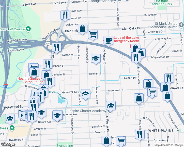map of restaurants, bars, coffee shops, grocery stores, and more near 4707 Denham Street in Baton Rouge