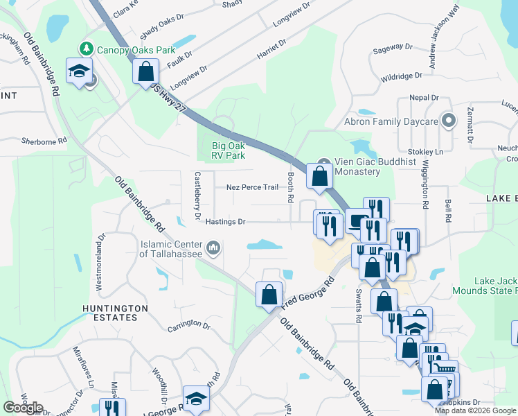 map of restaurants, bars, coffee shops, grocery stores, and more near 2624 Hastings Drive in Tallahassee