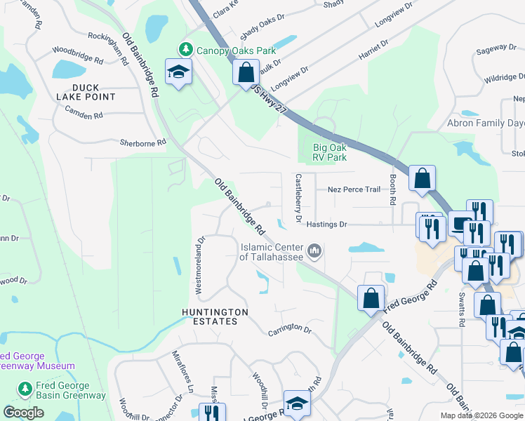 map of restaurants, bars, coffee shops, grocery stores, and more near 2767 Westbury Drive in Tallahassee