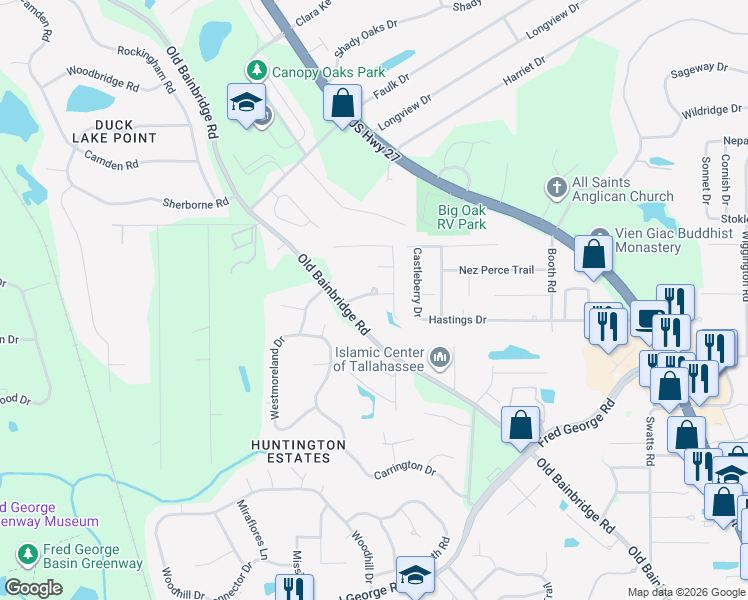 map of restaurants, bars, coffee shops, grocery stores, and more near 2767 Westbury Drive in Tallahassee