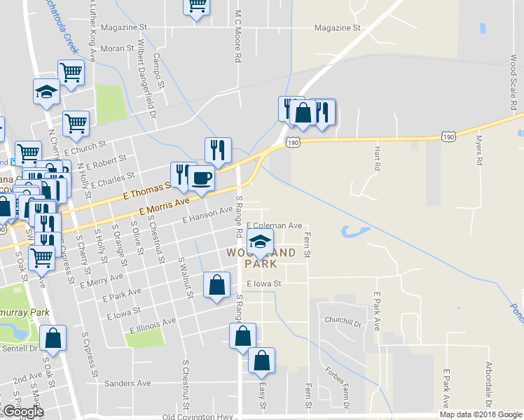 map of restaurants, bars, coffee shops, grocery stores, and more near 44203 Easy Street in Hammond