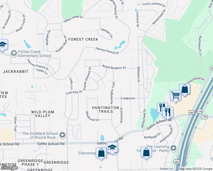 map of restaurants, bars, coffee shops, grocery stores, and more near 1033 Fred Couples Court in Round Rock