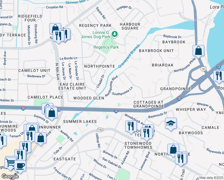 map of restaurants, bars, coffee shops, grocery stores, and more near 7589 Northpointe Boulevard in Pensacola