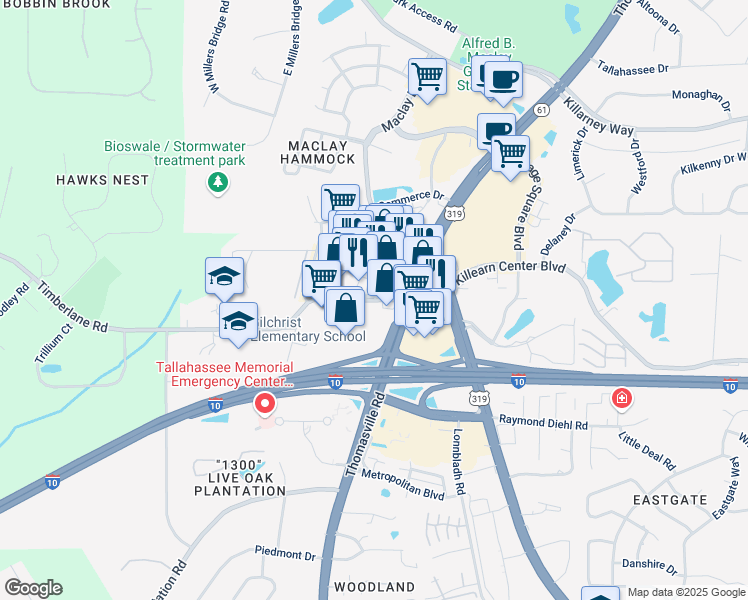 map of restaurants, bars, coffee shops, grocery stores, and more near 2301 Timberlane Road in Tallahassee