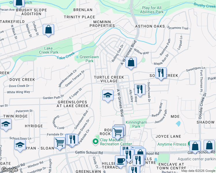map of restaurants, bars, coffee shops, grocery stores, and more near 1701 Logan Drive in Round Rock