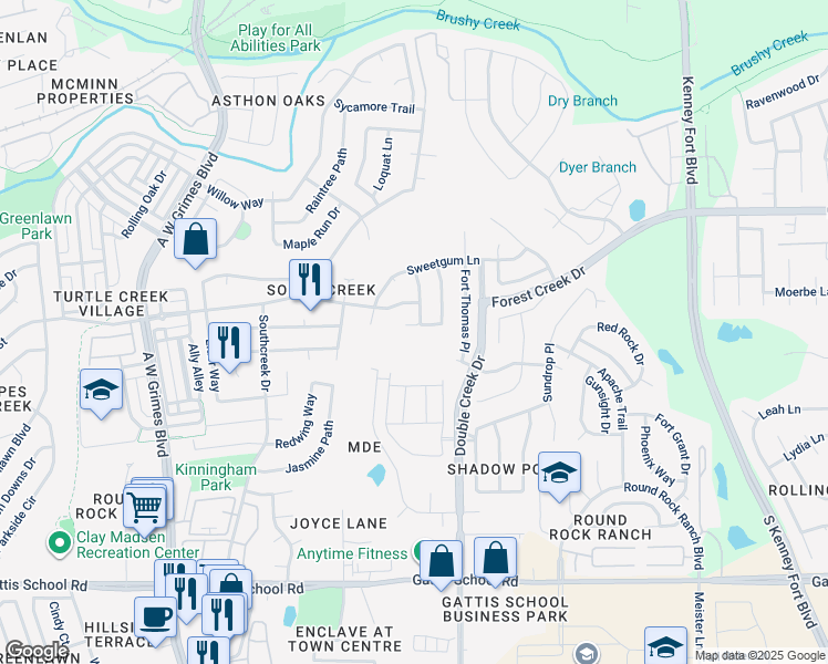 map of restaurants, bars, coffee shops, grocery stores, and more near 2313 Chestnut Path in Round Rock