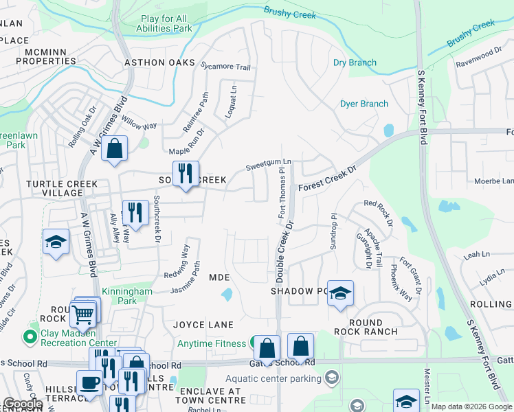 map of restaurants, bars, coffee shops, grocery stores, and more near 2313 Chestnut Path in Round Rock