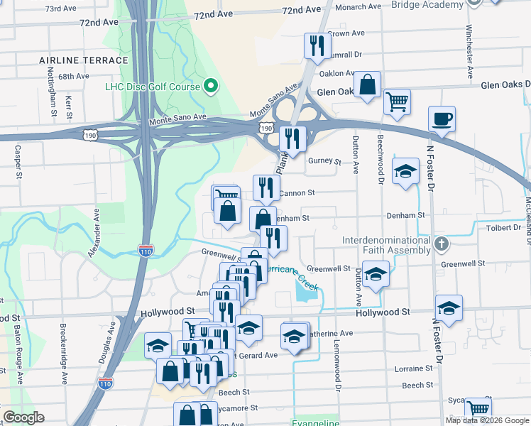 map of restaurants, bars, coffee shops, grocery stores, and more near 5947 Plank Road in Baton Rouge