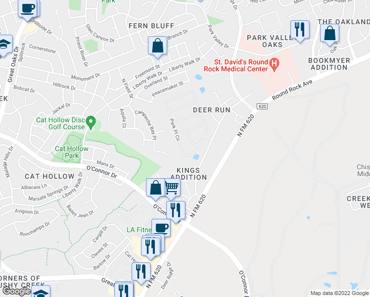 map of restaurants, bars, coffee shops, grocery stores, and more near 2261 Park Place Circle in Round Rock