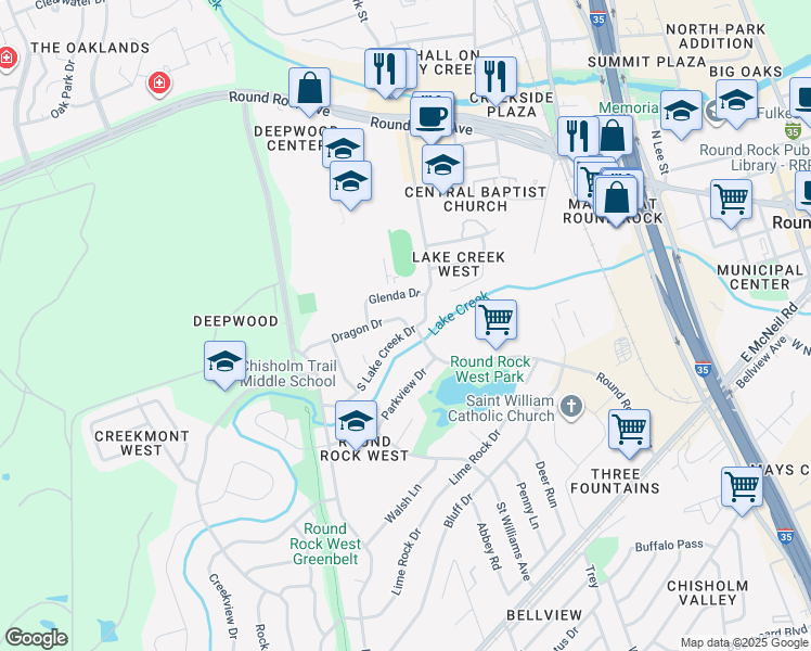 map of restaurants, bars, coffee shops, grocery stores, and more near 300 South Lake Creek Drive in Round Rock