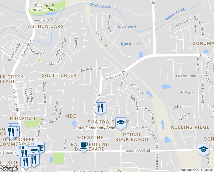 map of restaurants, bars, coffee shops, grocery stores, and more near 1507 Fort LLoyd Place in Round Rock