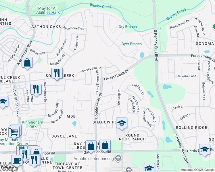 map of restaurants, bars, coffee shops, grocery stores, and more near 1507 Fort LLoyd Place in Round Rock