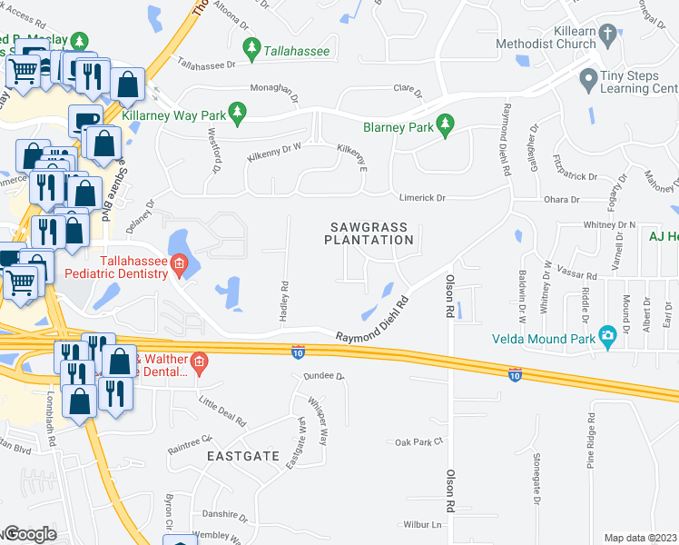 map of restaurants, bars, coffee shops, grocery stores, and more near 3067 Royal Palm Way in Tallahassee