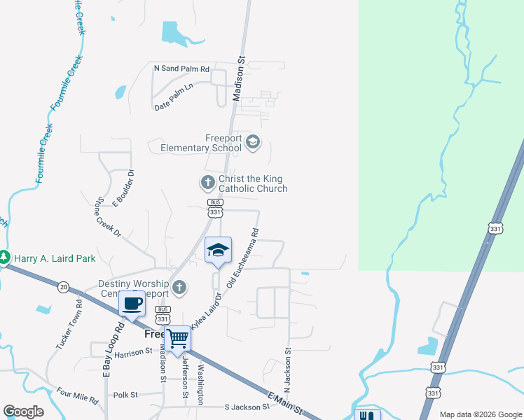 map of restaurants, bars, coffee shops, grocery stores, and more near 117 Azalea Drive in Freeport