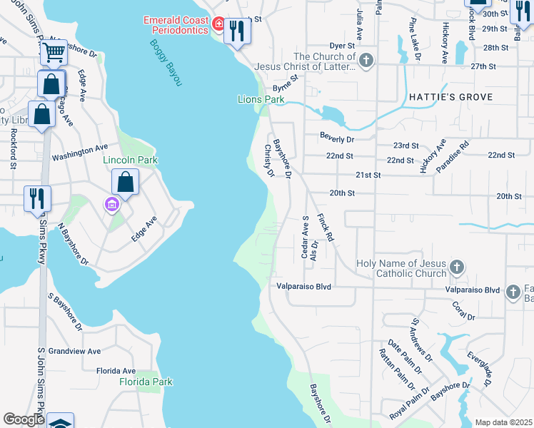 map of restaurants, bars, coffee shops, grocery stores, and more near 1203 Bayshore Drive in Niceville