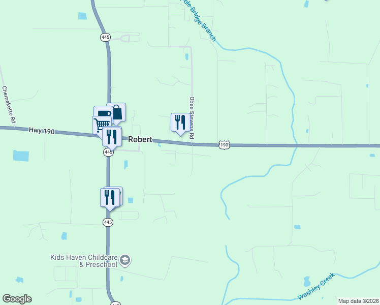 map of restaurants, bars, coffee shops, grocery stores, and more near 23202 U.S. Highway 190 in Robert