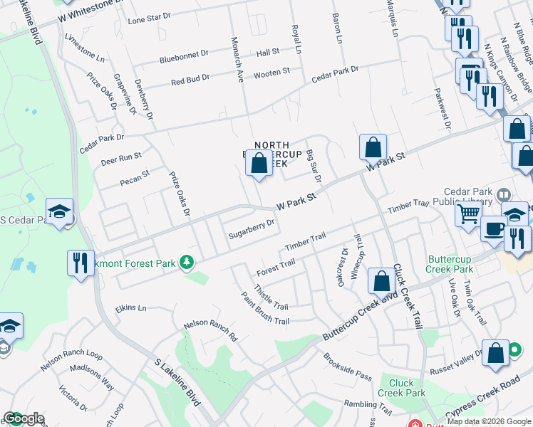 map of restaurants, bars, coffee shops, grocery stores, and more near 201 Cherry Laurel Drive in Cedar Park