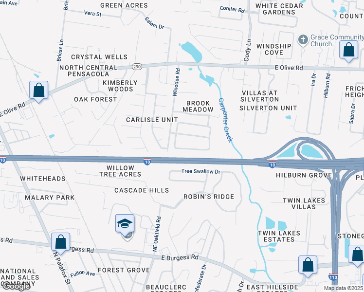 map of restaurants, bars, coffee shops, grocery stores, and more near 8098 Nalo Creek Loop in Pensacola