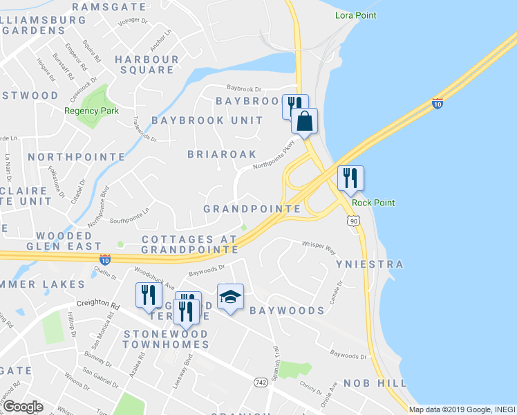 map of restaurants, bars, coffee shops, grocery stores, and more near 4341 Grandpointe Place in Pensacola