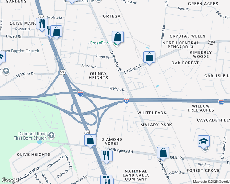 map of restaurants, bars, coffee shops, grocery stores, and more near 115 West Hope Drive in Pensacola