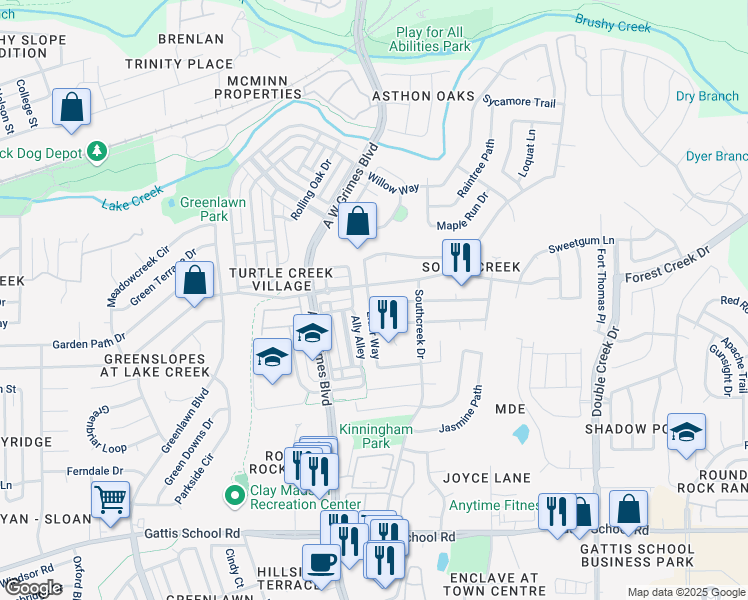 map of restaurants, bars, coffee shops, grocery stores, and more near 2007 Logan Street in Round Rock