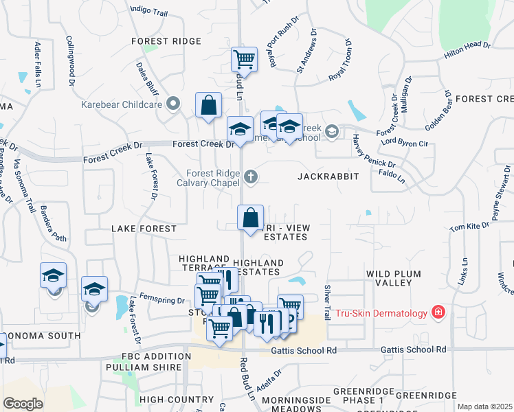 map of restaurants, bars, coffee shops, grocery stores, and more near 1551 Red Bud Lane in Round Rock