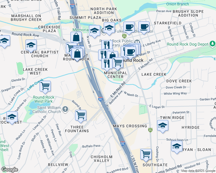 map of restaurants, bars, coffee shops, grocery stores, and more near 541 North Interstate Highway 35 in Round Rock