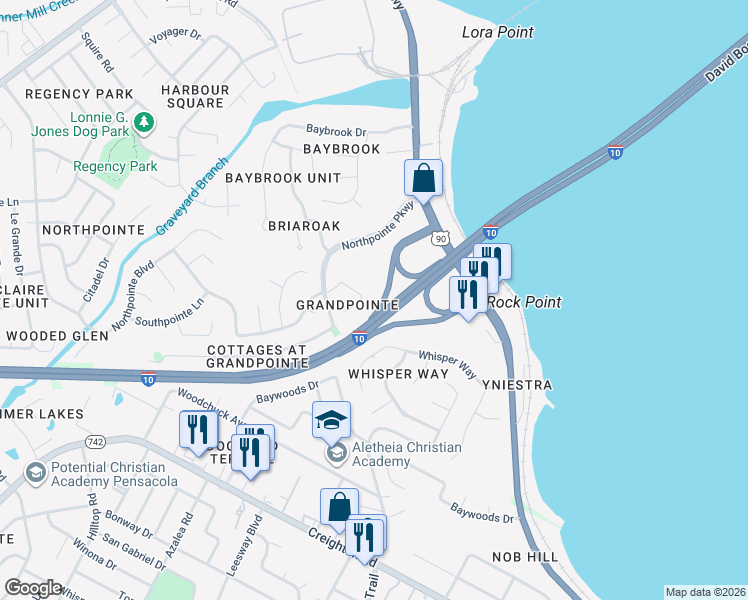 map of restaurants, bars, coffee shops, grocery stores, and more near 4340 Grandpointe Place in Pensacola