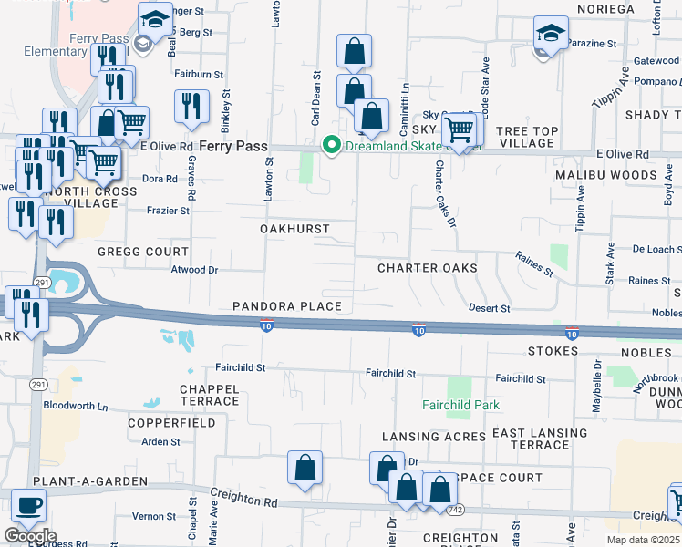 map of restaurants, bars, coffee shops, grocery stores, and more near 7710 Kipling Street in Pensacola
