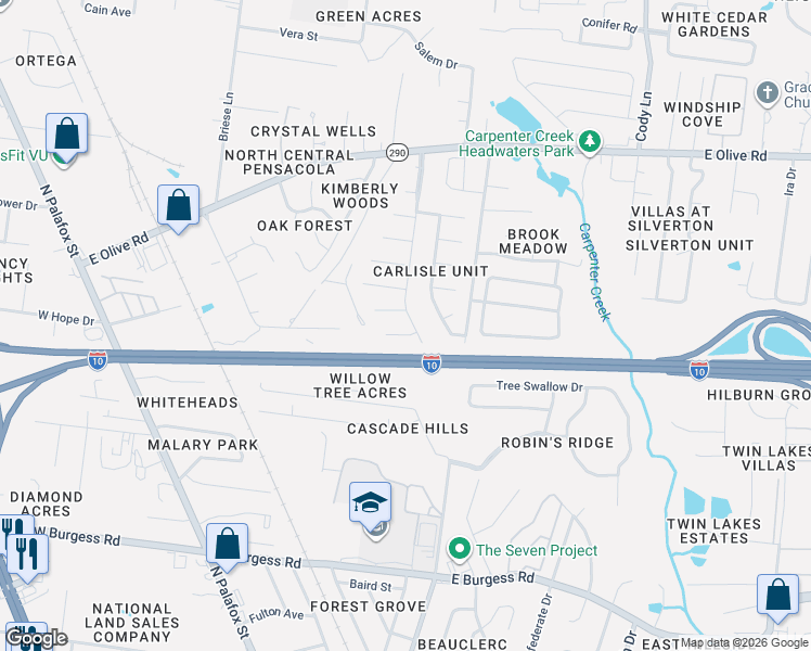 map of restaurants, bars, coffee shops, grocery stores, and more near 7727 Coronet Drive in Pensacola
