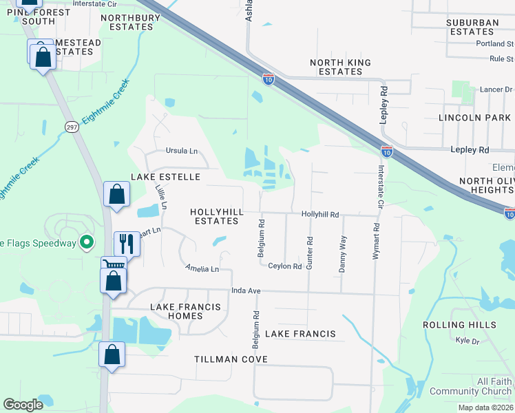 map of restaurants, bars, coffee shops, grocery stores, and more near 2120 Hollyhill Road in Pensacola