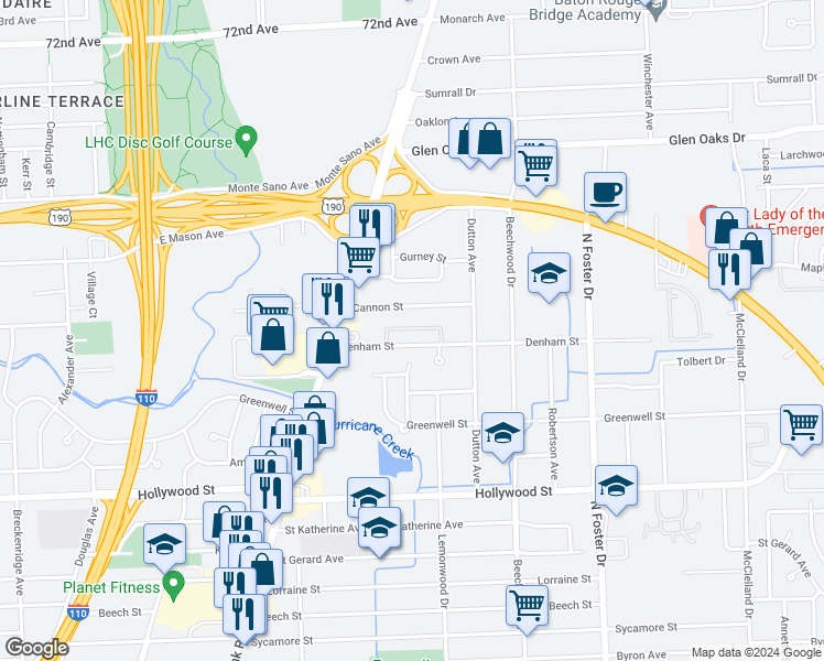 map of restaurants, bars, coffee shops, grocery stores, and more near 4332 Cannon Street in Baton Rouge