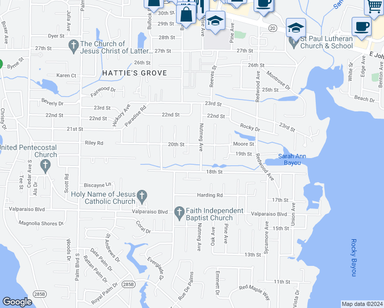 map of restaurants, bars, coffee shops, grocery stores, and more near 533 Maple Avenue in Niceville