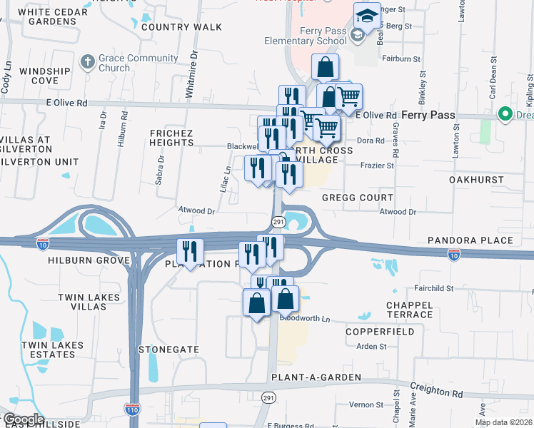 map of restaurants, bars, coffee shops, grocery stores, and more near 7753 North Davis Highway in Pensacola