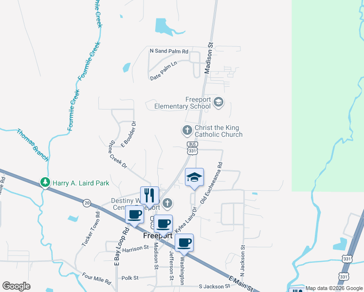map of restaurants, bars, coffee shops, grocery stores, and more near 15521 331 Business in Freeport