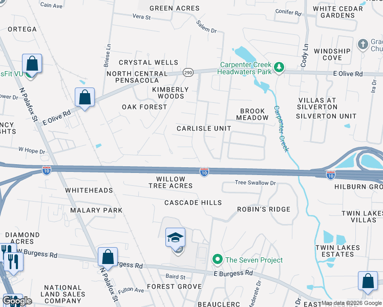 map of restaurants, bars, coffee shops, grocery stores, and more near 7727 Coronet Drive in Pensacola