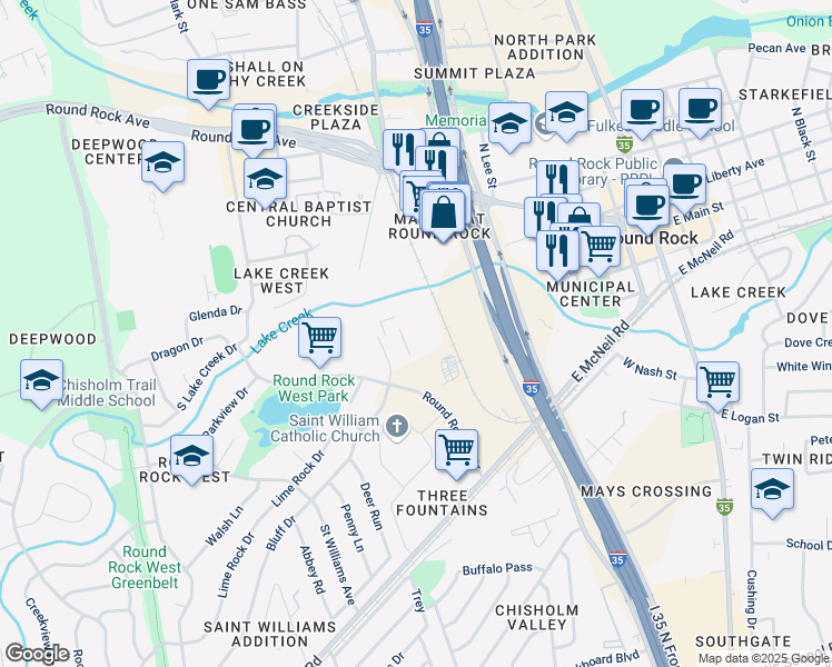 map of restaurants, bars, coffee shops, grocery stores, and more near 101 Chisholm Trail in Round Rock