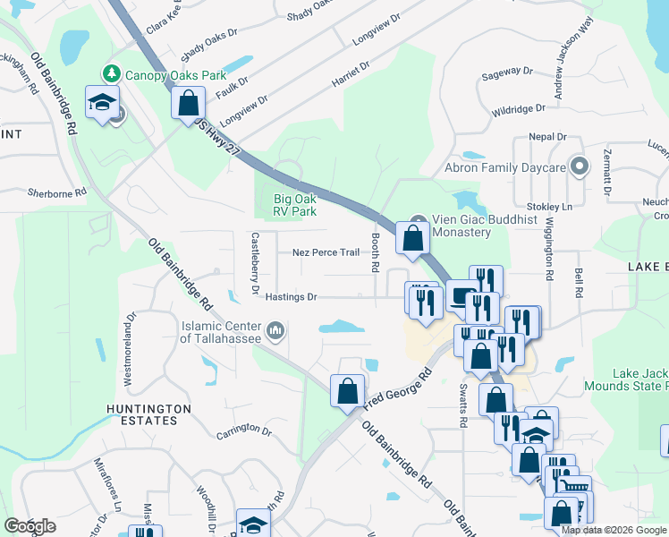 map of restaurants, bars, coffee shops, grocery stores, and more near 2625 Nez Perce Trail in Tallahassee