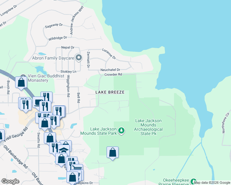 map of restaurants, bars, coffee shops, grocery stores, and more near 2124 Shangri La Lane in Tallahassee